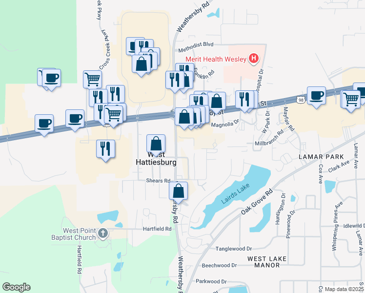 map of restaurants, bars, coffee shops, grocery stores, and more near 632 Weathersby Rd in Hattiesburg