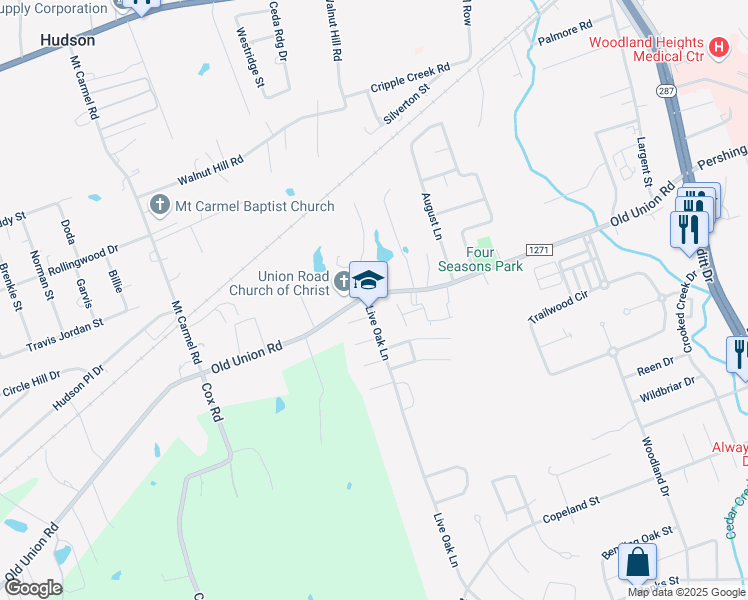 map of restaurants, bars, coffee shops, grocery stores, and more near 3403 Old Union Road in Lufkin
