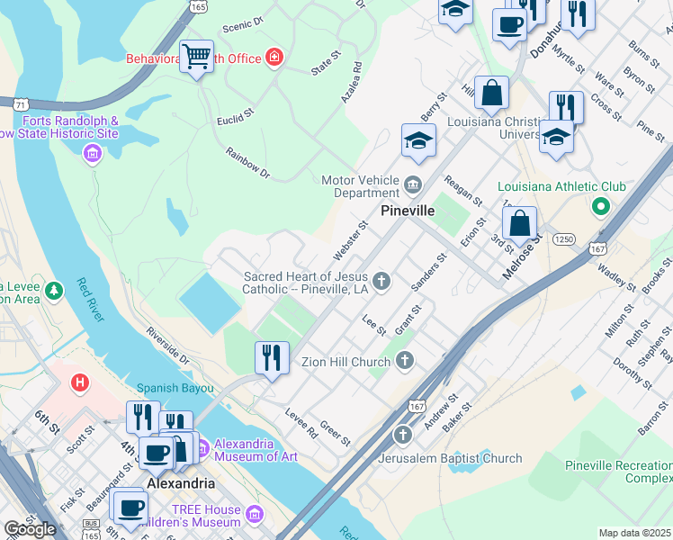 map of restaurants, bars, coffee shops, grocery stores, and more near 528 Webster Street in Pineville