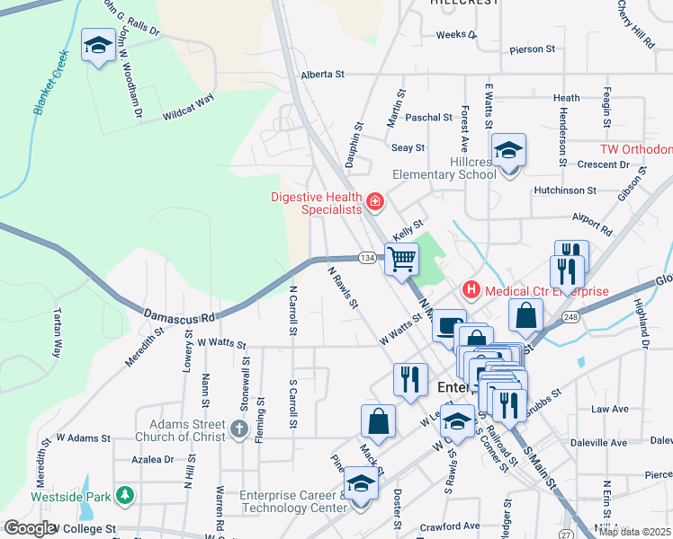 map of restaurants, bars, coffee shops, grocery stores, and more near 215 Damascus Road in Enterprise