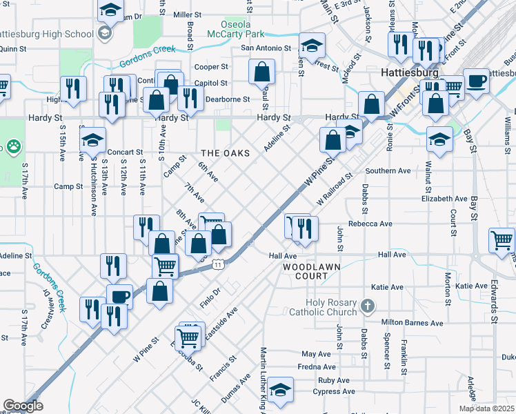 map of restaurants, bars, coffee shops, grocery stores, and more near 204 5th Avenue in Hattiesburg