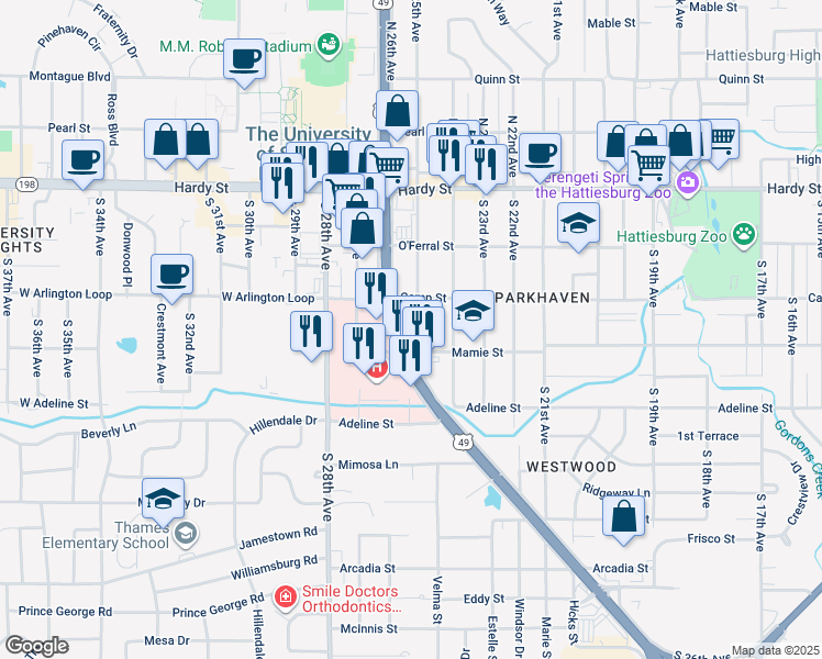 map of restaurants, bars, coffee shops, grocery stores, and more near 6074 Memorial Drive in Hattiesburg