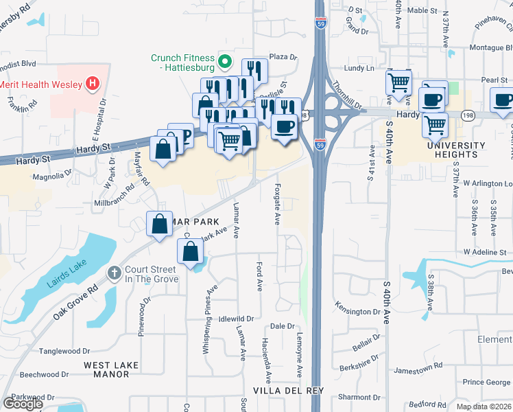 map of restaurants, bars, coffee shops, grocery stores, and more near 2010 Oak Grove Road in Hattiesburg