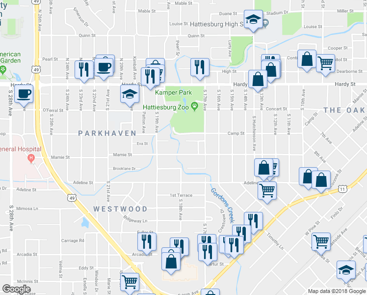 map of restaurants, bars, coffee shops, grocery stores, and more near 1717 Mamie Street in Hattiesburg