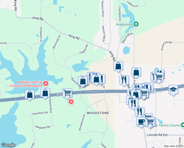 map of restaurants, bars, coffee shops, grocery stores, and more near 40 Windlass Drive in Hattiesburg