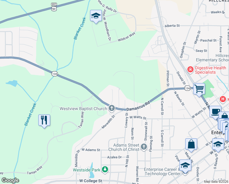 map of restaurants, bars, coffee shops, grocery stores, and more near 140 Cody Drive in Enterprise