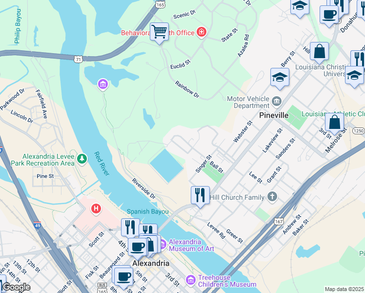 map of restaurants, bars, coffee shops, grocery stores, and more near 60 Hillcrest Boulevard in Pineville