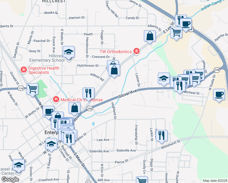 map of restaurants, bars, coffee shops, grocery stores, and more near 521 Glover Avenue in Enterprise