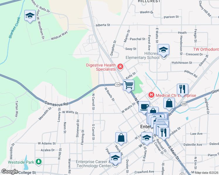 map of restaurants, bars, coffee shops, grocery stores, and more near 215 Damascus Road in Enterprise