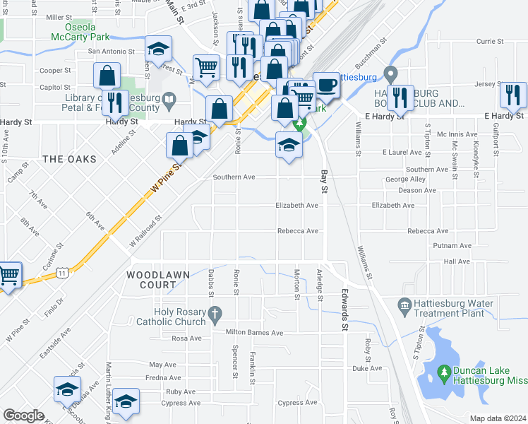map of restaurants, bars, coffee shops, grocery stores, and more near 519 Elizabeth Avenue in Hattiesburg