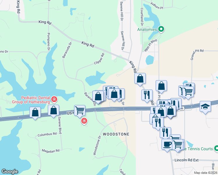map of restaurants, bars, coffee shops, grocery stores, and more near 40 Windlass Dr in Hattiesburg