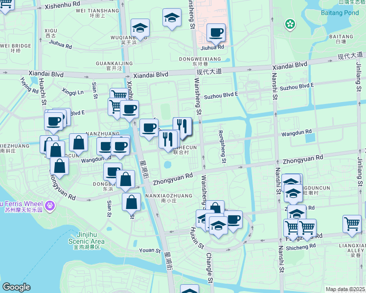 map of restaurants, bars, coffee shops, grocery stores, and more near Wang Dun Lu in Su Zhou Shi
