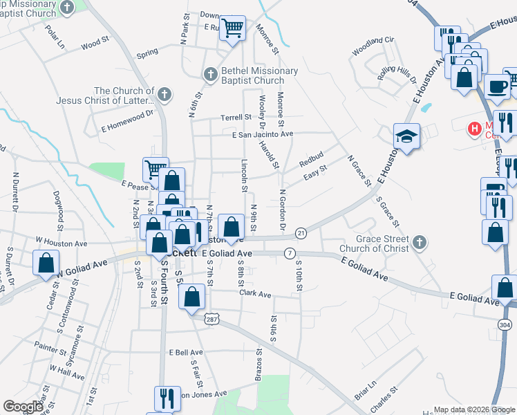map of restaurants, bars, coffee shops, grocery stores, and more near 204 North 9th Street in Crockett