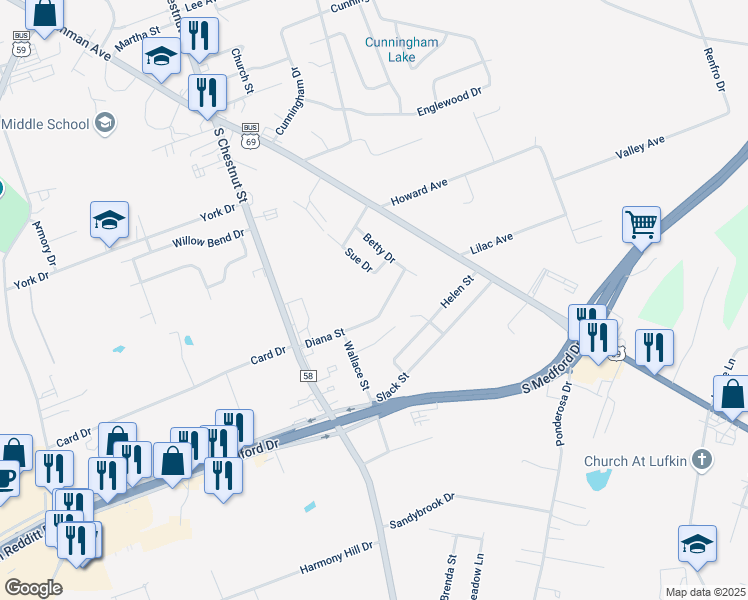map of restaurants, bars, coffee shops, grocery stores, and more near 1418 Diana Street in Lufkin