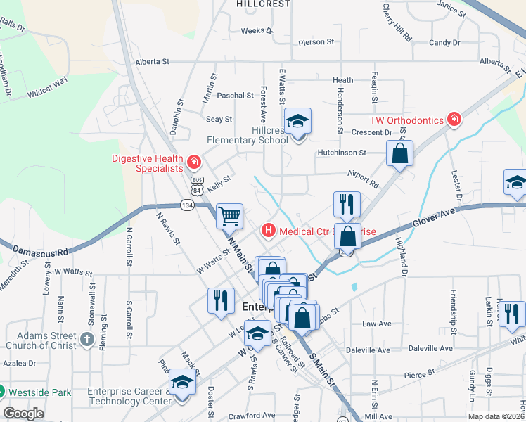 map of restaurants, bars, coffee shops, grocery stores, and more near 101 Hillcrest Loop in Enterprise