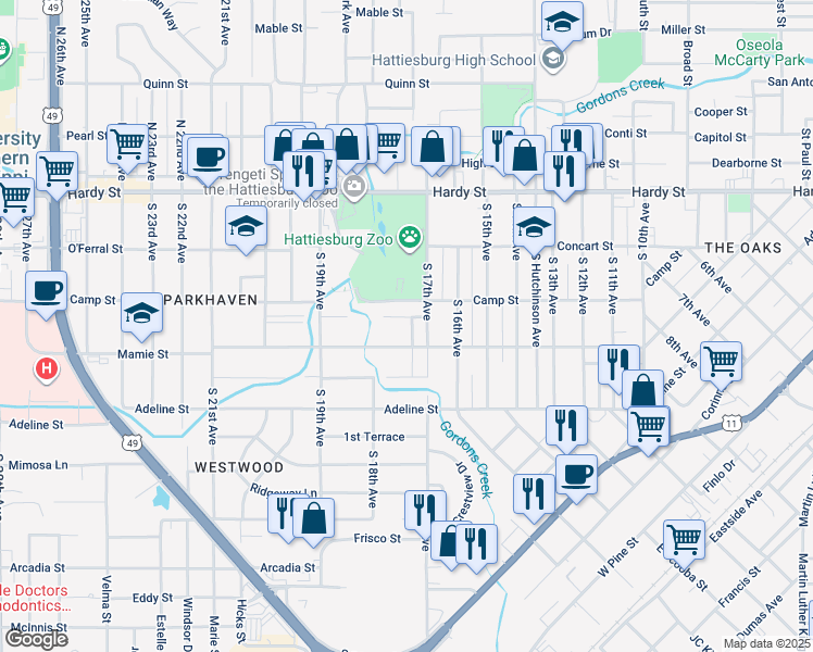 map of restaurants, bars, coffee shops, grocery stores, and more near 313 South 17th Avenue in Hattiesburg