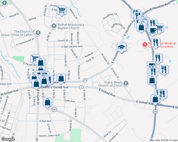 map of restaurants, bars, coffee shops, grocery stores, and more near 1104 East Houston Avenue in Crockett