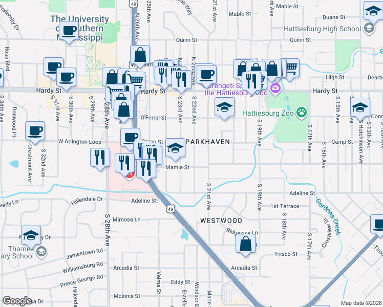 map of restaurants, bars, coffee shops, grocery stores, and more near 314 South 22nd Avenue in Hattiesburg