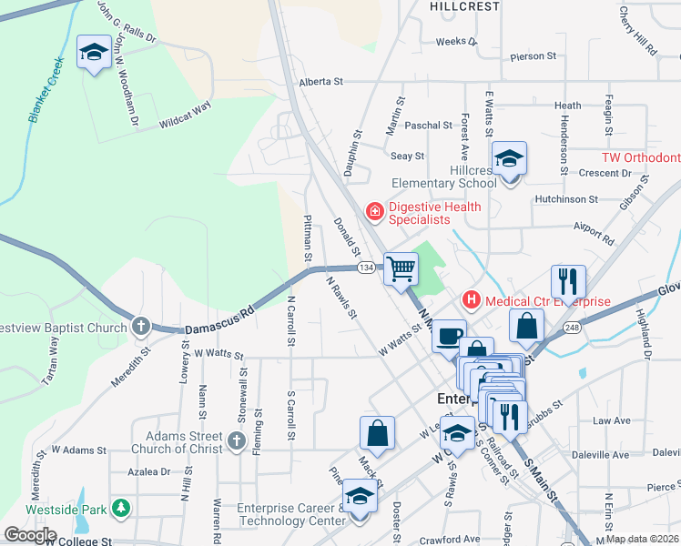 map of restaurants, bars, coffee shops, grocery stores, and more near 215 Damascus Road in Enterprise
