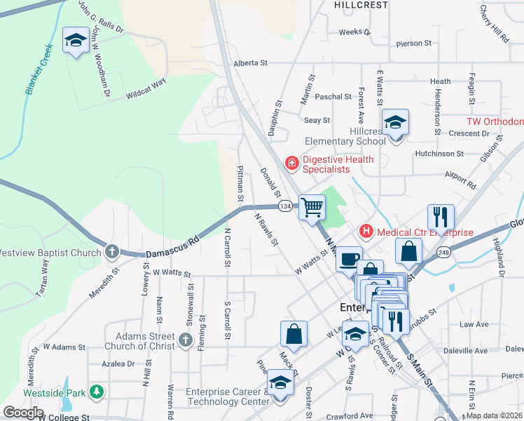 map of restaurants, bars, coffee shops, grocery stores, and more near 215 Damascus Road in Enterprise