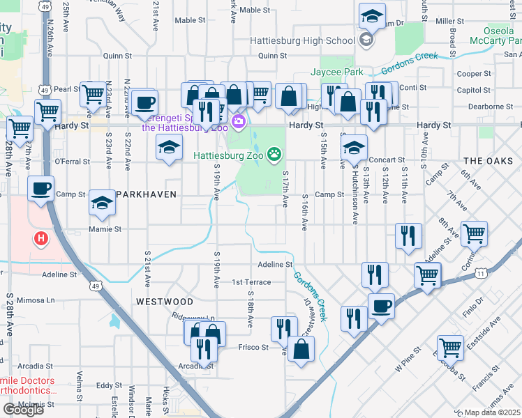 map of restaurants, bars, coffee shops, grocery stores, and more near 1717 Mamie Street in Hattiesburg