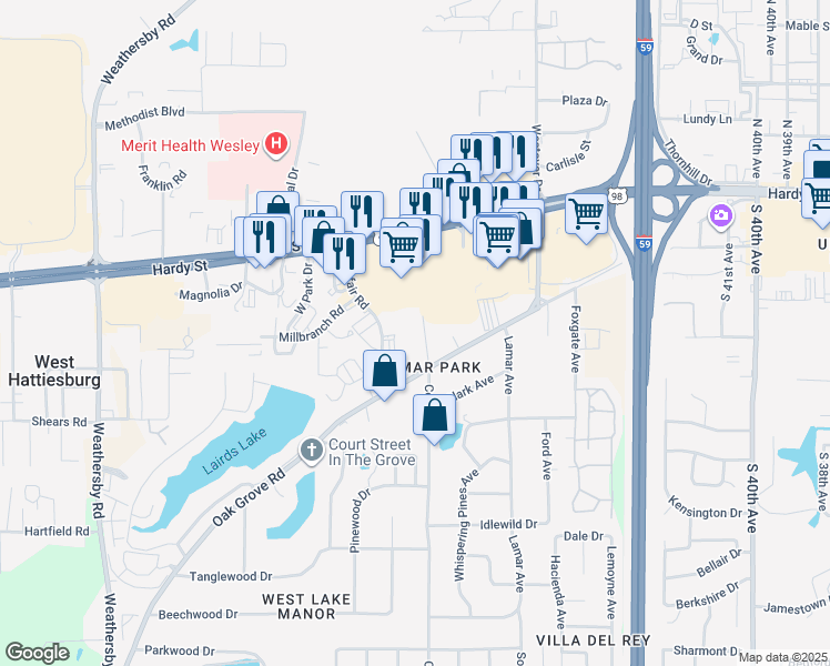 map of restaurants, bars, coffee shops, grocery stores, and more near 199 North Cox Avenue in Hattiesburg