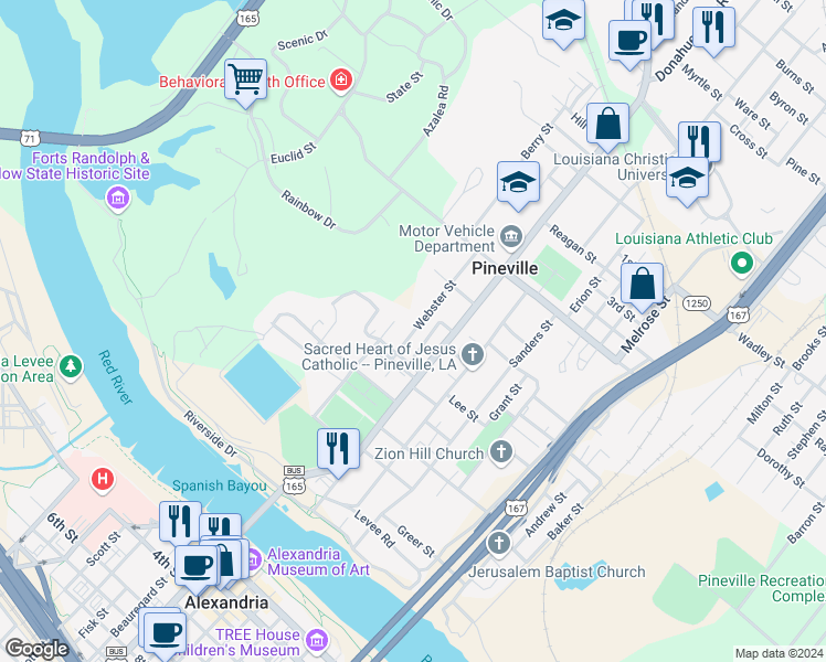 map of restaurants, bars, coffee shops, grocery stores, and more near 529 Webster Street in Pineville