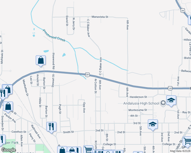 map of restaurants, bars, coffee shops, grocery stores, and more near 618 North Cotton Street in Andalusia