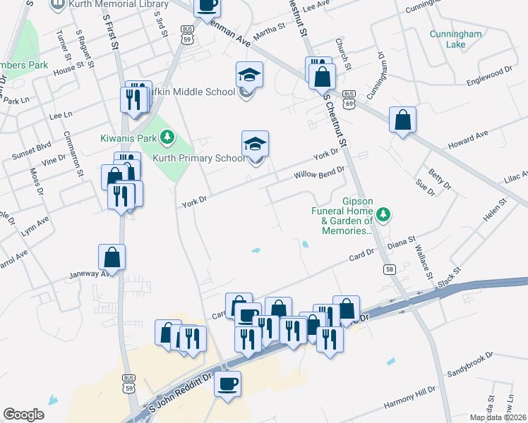 map of restaurants, bars, coffee shops, grocery stores, and more near 503 Rosewood Circle in Lufkin