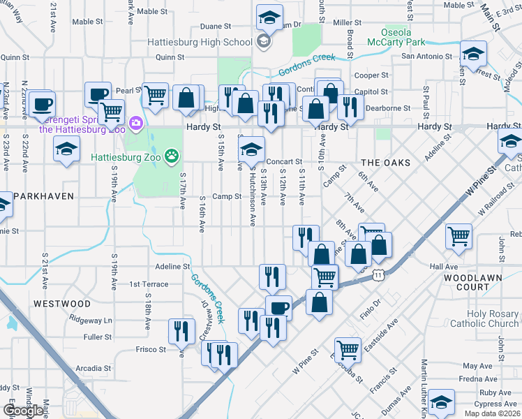 map of restaurants, bars, coffee shops, grocery stores, and more near 309 South 13th Avenue in Hattiesburg