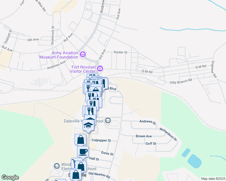 map of restaurants, bars, coffee shops, grocery stores, and more near 799 Donnell Boulevard in Daleville