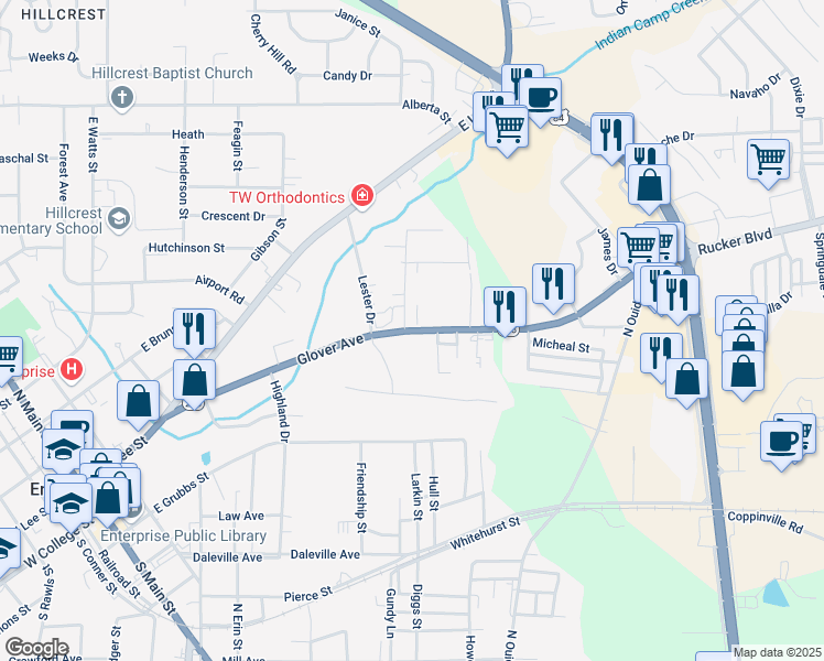 map of restaurants, bars, coffee shops, grocery stores, and more near 550 Glover Avenue in Enterprise