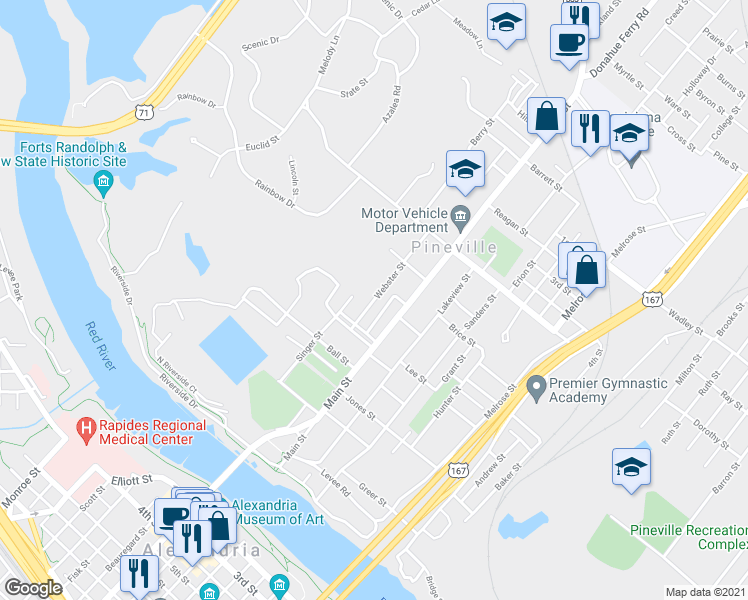 map of restaurants, bars, coffee shops, grocery stores, and more near 528 Webster Street in Pineville