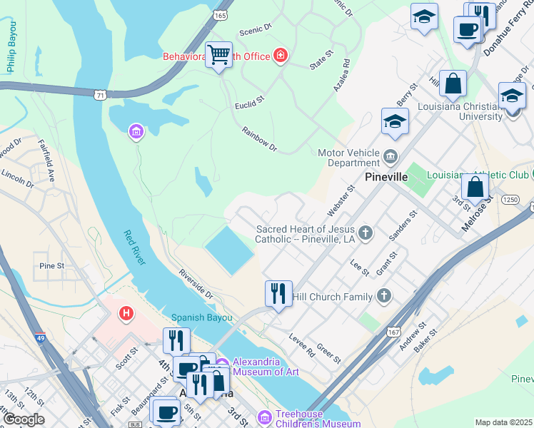 map of restaurants, bars, coffee shops, grocery stores, and more near 48 Hillcrest Boulevard in Pineville