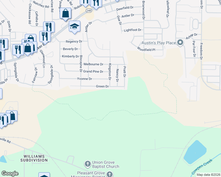 map of restaurants, bars, coffee shops, grocery stores, and more near 624 Green Drive in Enterprise