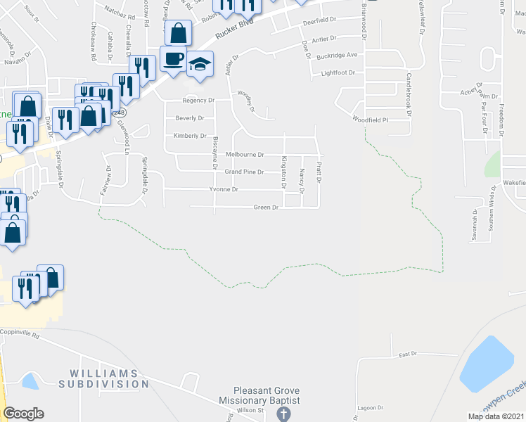 map of restaurants, bars, coffee shops, grocery stores, and more near 616 Green Drive in Enterprise
