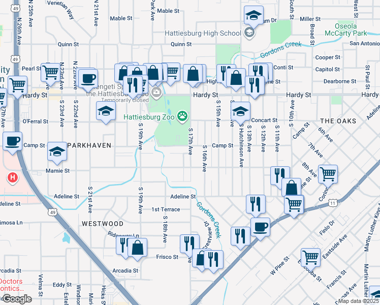 map of restaurants, bars, coffee shops, grocery stores, and more near 313 South 17th Avenue in Hattiesburg