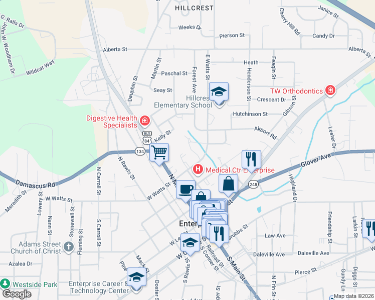 map of restaurants, bars, coffee shops, grocery stores, and more near 101 Hillcrest Cir in Enterprise