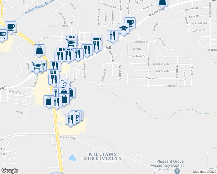 map of restaurants, bars, coffee shops, grocery stores, and more near 404 Springdale Drive in Enterprise