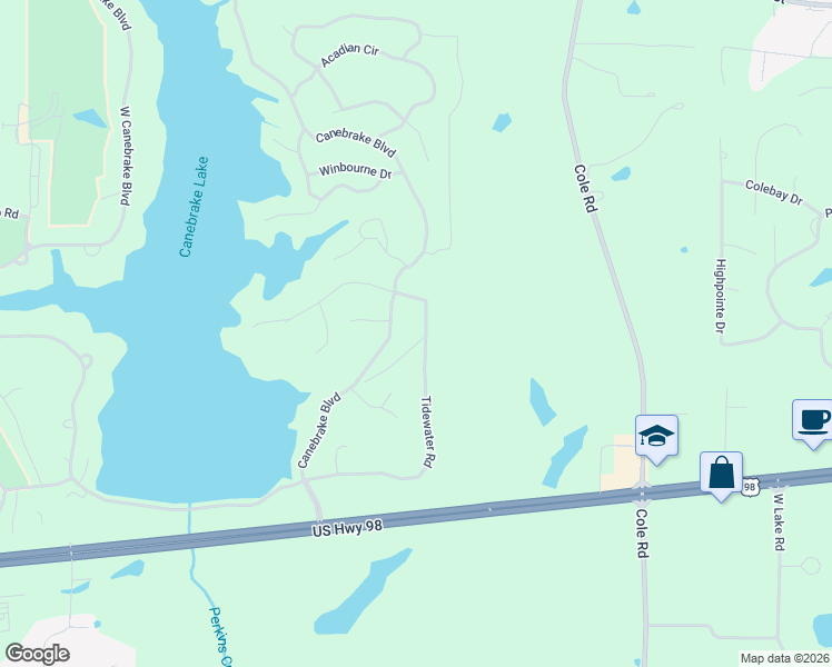 map of restaurants, bars, coffee shops, grocery stores, and more near Tidewater Road in Hattiesburg