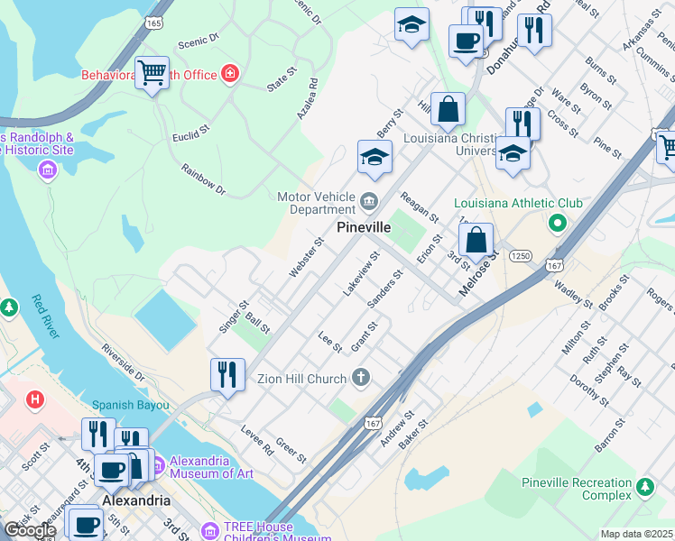 map of restaurants, bars, coffee shops, grocery stores, and more near 626 Main Street in Pineville