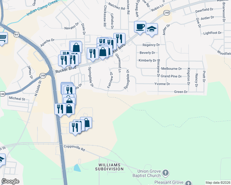 map of restaurants, bars, coffee shops, grocery stores, and more near 404 Springdale Drive in Enterprise