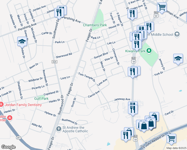 map of restaurants, bars, coffee shops, grocery stores, and more near 701 Hackney Avenue in Lufkin