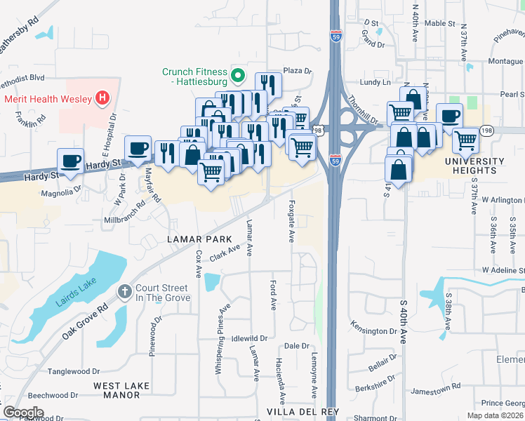 map of restaurants, bars, coffee shops, grocery stores, and more near 2010 Oak Grove Rd in Hattiesburg