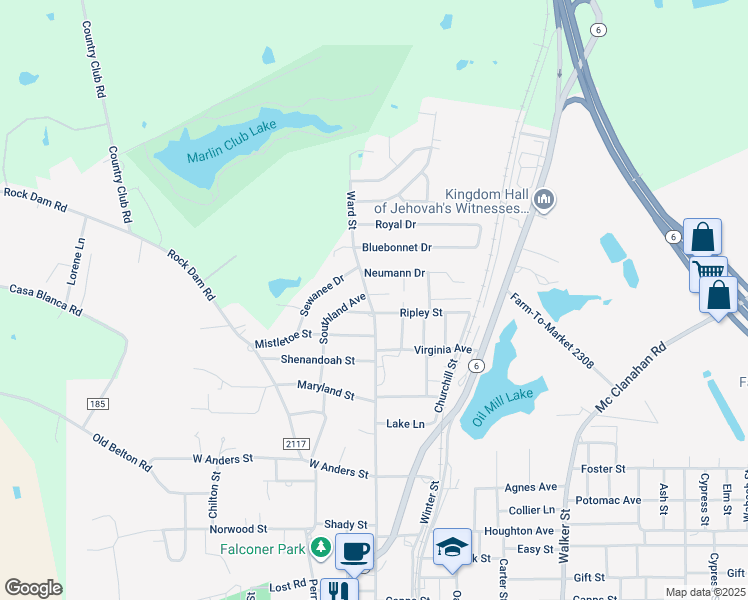 map of restaurants, bars, coffee shops, grocery stores, and more near 108 Agarita Drive in Marlin