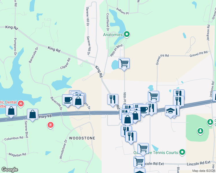 map of restaurants, bars, coffee shops, grocery stores, and more near 32-62 King Rd in Hattiesburg