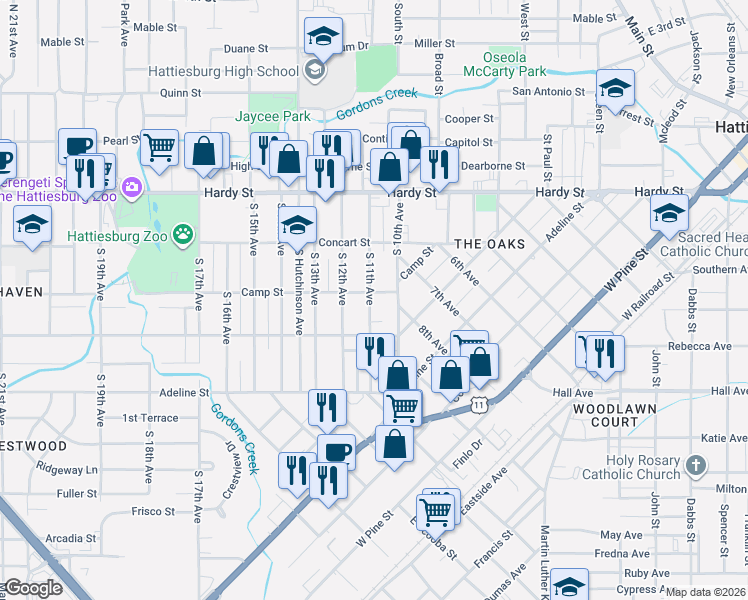 map of restaurants, bars, coffee shops, grocery stores, and more near 300 South 11th Avenue in Hattiesburg