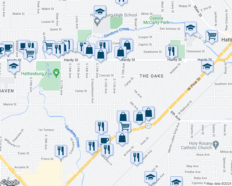 map of restaurants, bars, coffee shops, grocery stores, and more near 300 South 11th Avenue in Hattiesburg
