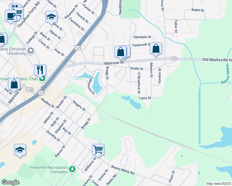 map of restaurants, bars, coffee shops, grocery stores, and more near 112 Hickory Drive in Pineville