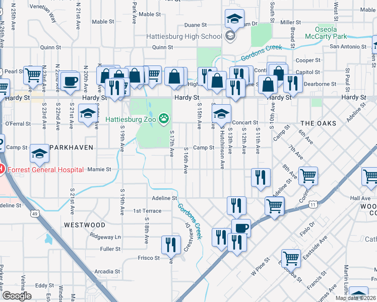 map of restaurants, bars, coffee shops, grocery stores, and more near 216 South 16th Avenue in Hattiesburg